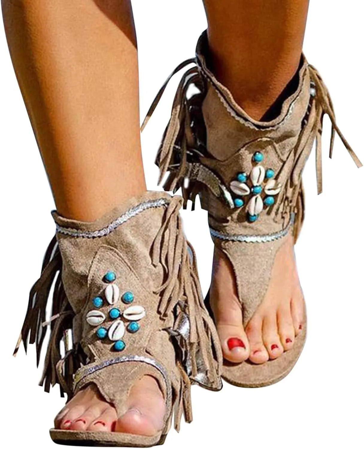Cathalem Platform Sandals for Women, Bohemian Tassel Fringe Casual Shoes Flat Clip Toe Ankle Boots Beach Sandals Open Toe Sandals