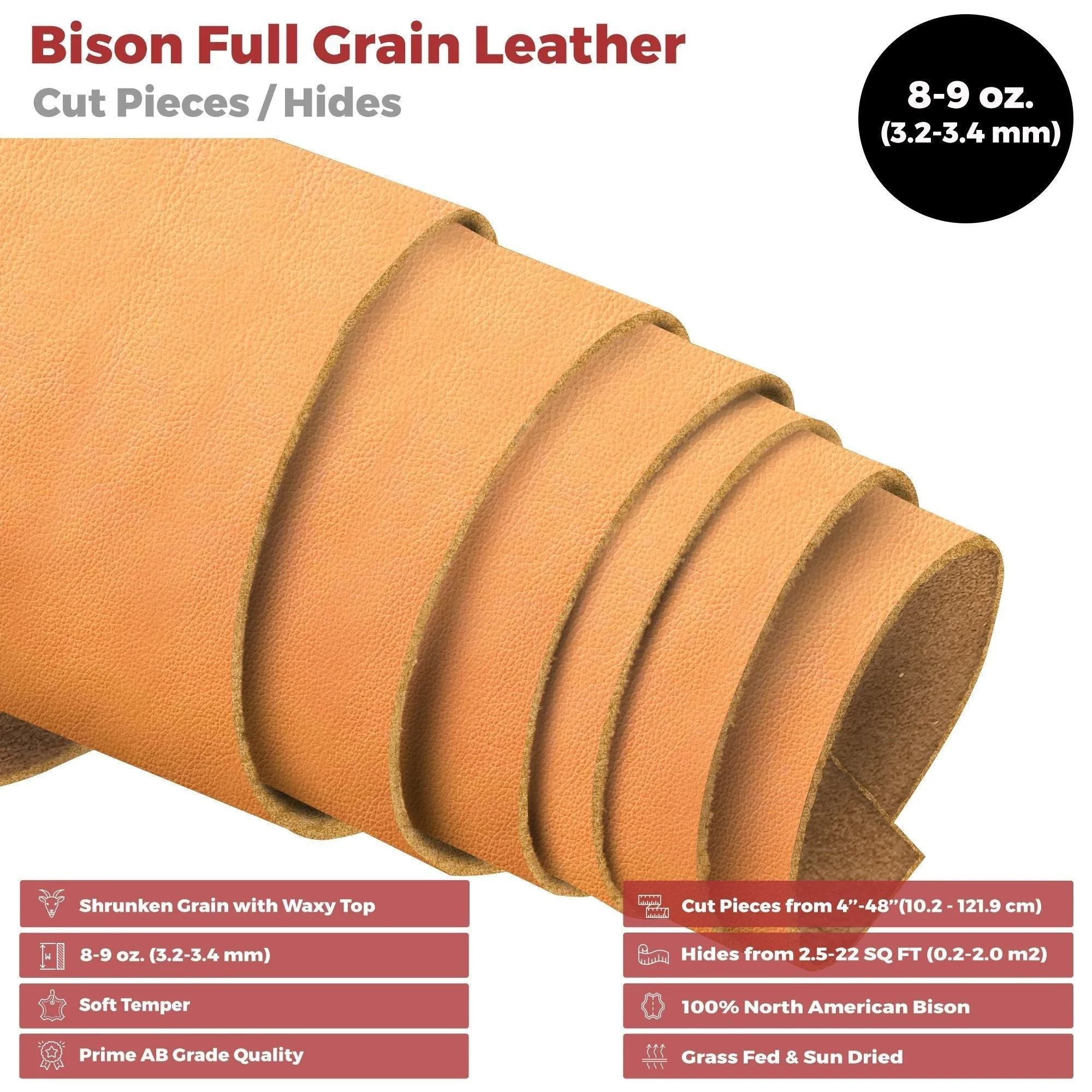 ELW Genuine American Leather Bison 8-9 oz (3.2-3.4mm) Pre-Cut - Full Grain Leather Bison Hide DIY Craft Projects, Bag, Chap, Motorcycle, Clothing, Jewelry, Moccasins