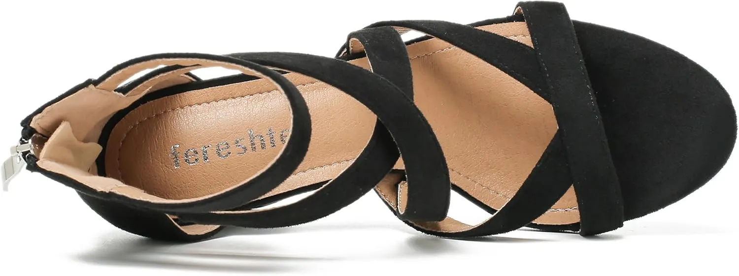 fereshte Womens Chunky Strappy Sandal Hollow Out High Heeled Gladiator Zip Up Sandals