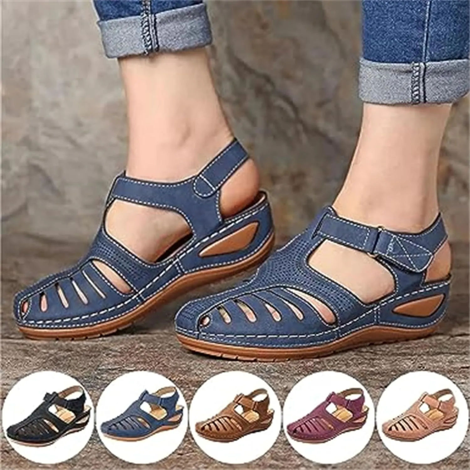 FFMA Women Summer Sandals Shoes Wedges Ankle Buckle Flip Flops Orthopedic Sandals Fashion Sandal Causal Comfortable Round Toe Gladiator Outdoor Shoes