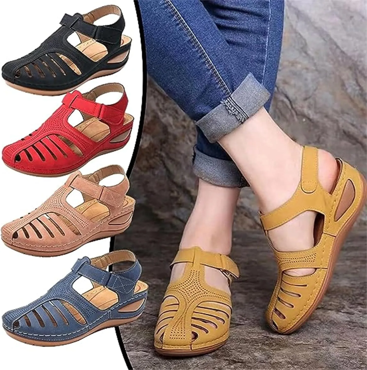 FFMA Women Summer Sandals Shoes Wedges Ankle Buckle Flip Flops Orthopedic Sandals Fashion Sandal Causal Comfortable Round Toe Gladiator Outdoor Shoes