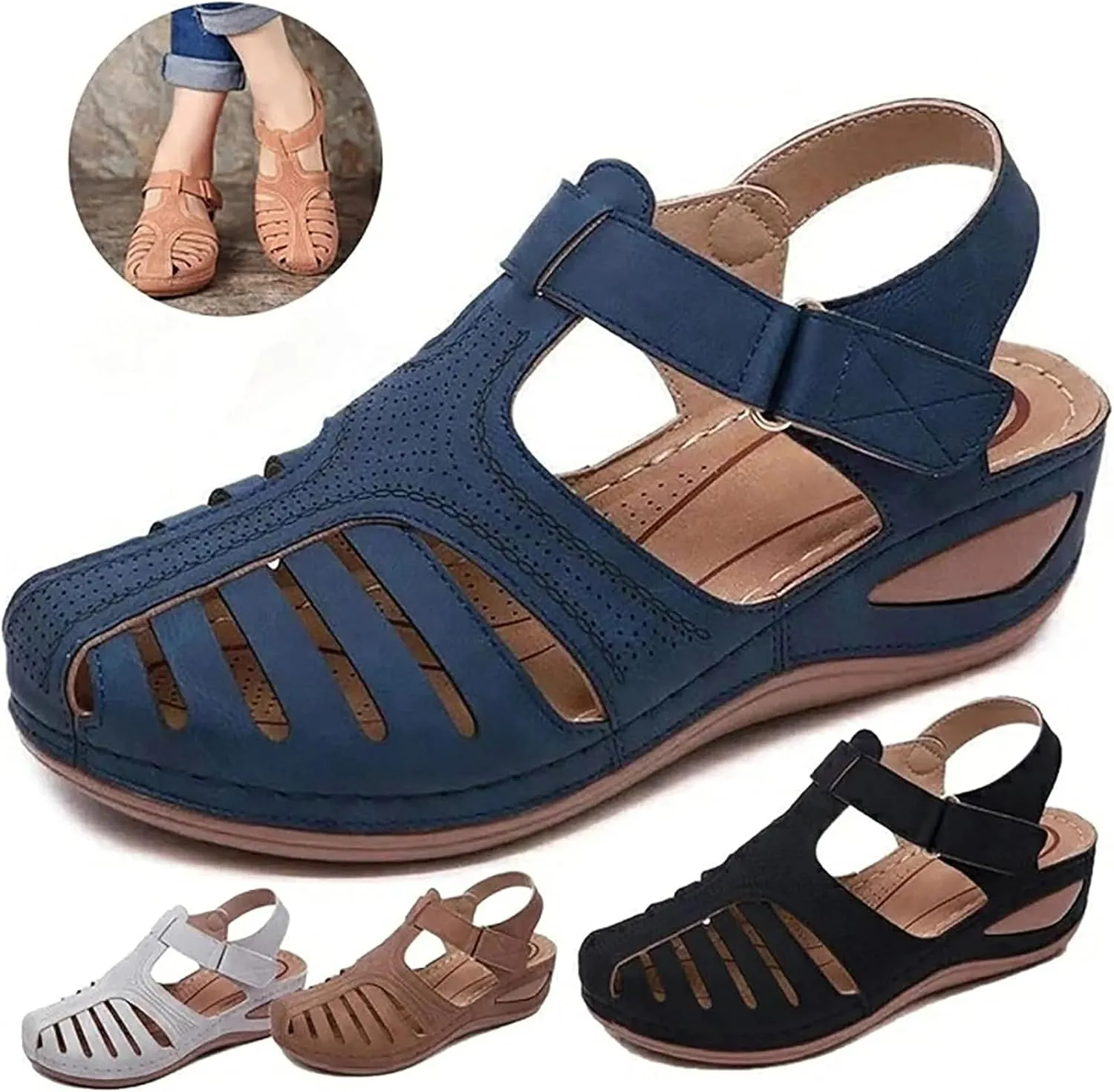 FFMA Women Summer Sandals Shoes Wedges Ankle Buckle Flip Flops Orthopedic Sandals Fashion Sandal Causal Comfortable Round Toe Gladiator Outdoor Shoes
