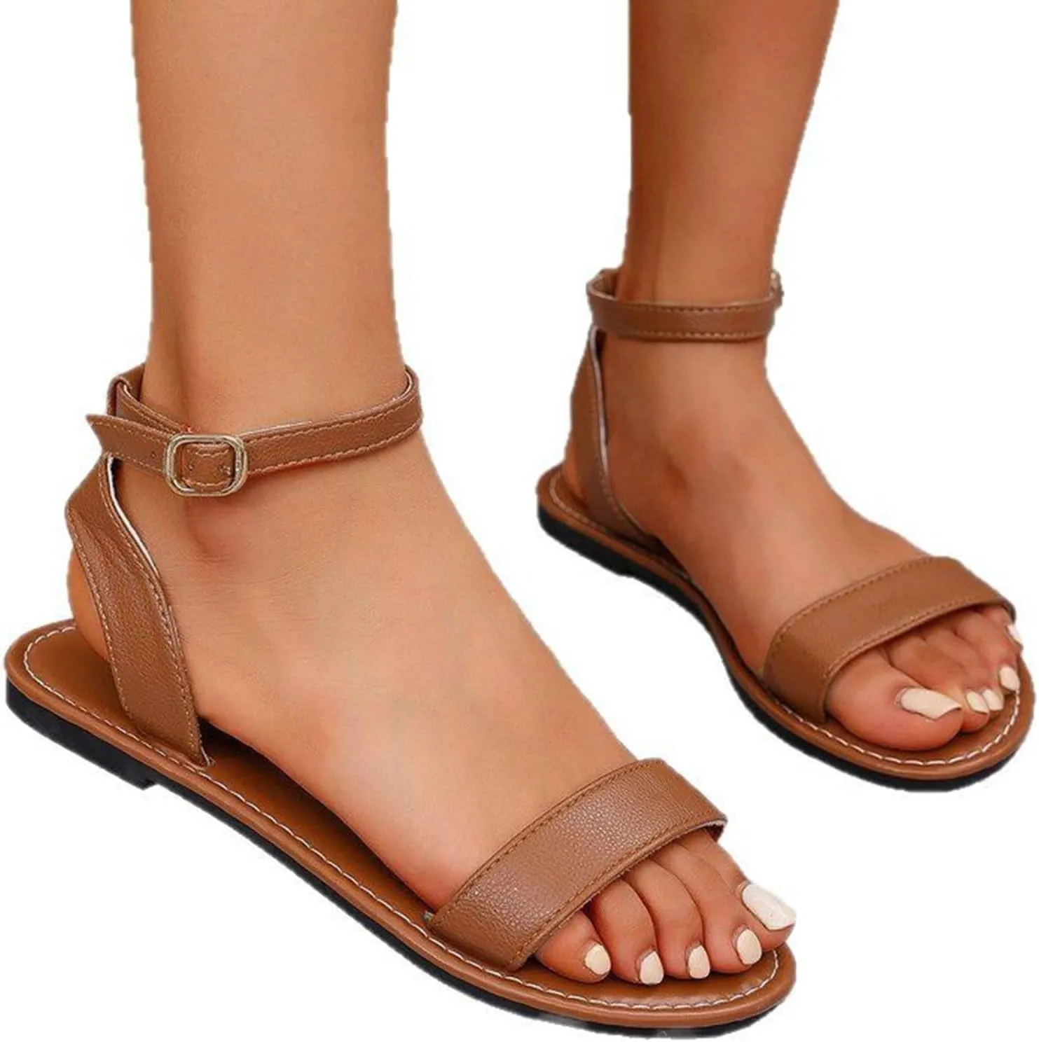 Flats Sandals for Women Summer Leather Flat Open Toe Shoes Basic Comfy Ankle Strap Gladiator Sandals for Dressy Wedding Work Daily
