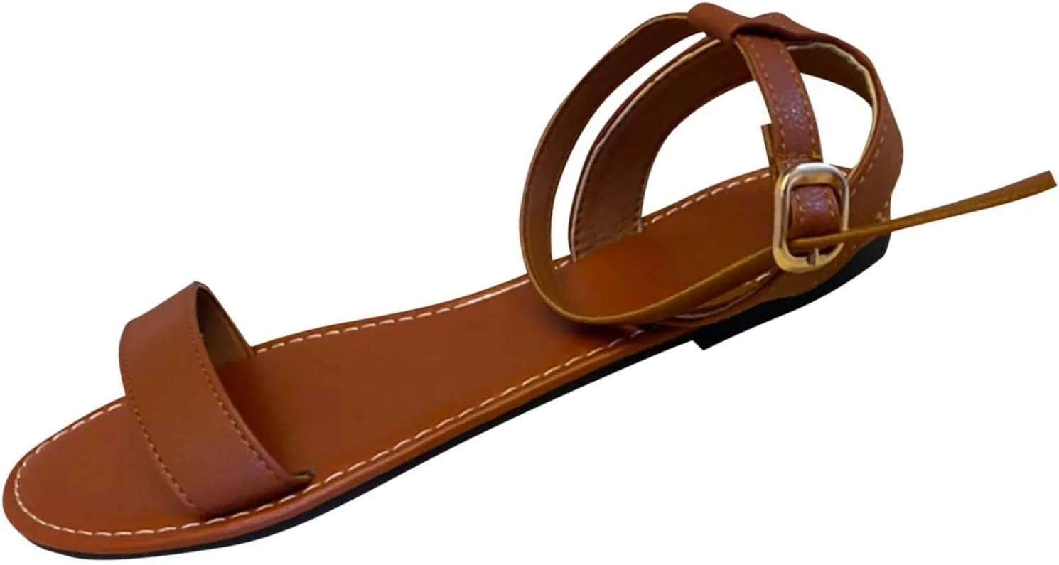 Flats Sandals for Women Summer Leather Flat Open Toe Shoes Basic Comfy Ankle Strap Gladiator Sandals for Dressy Wedding Work Daily