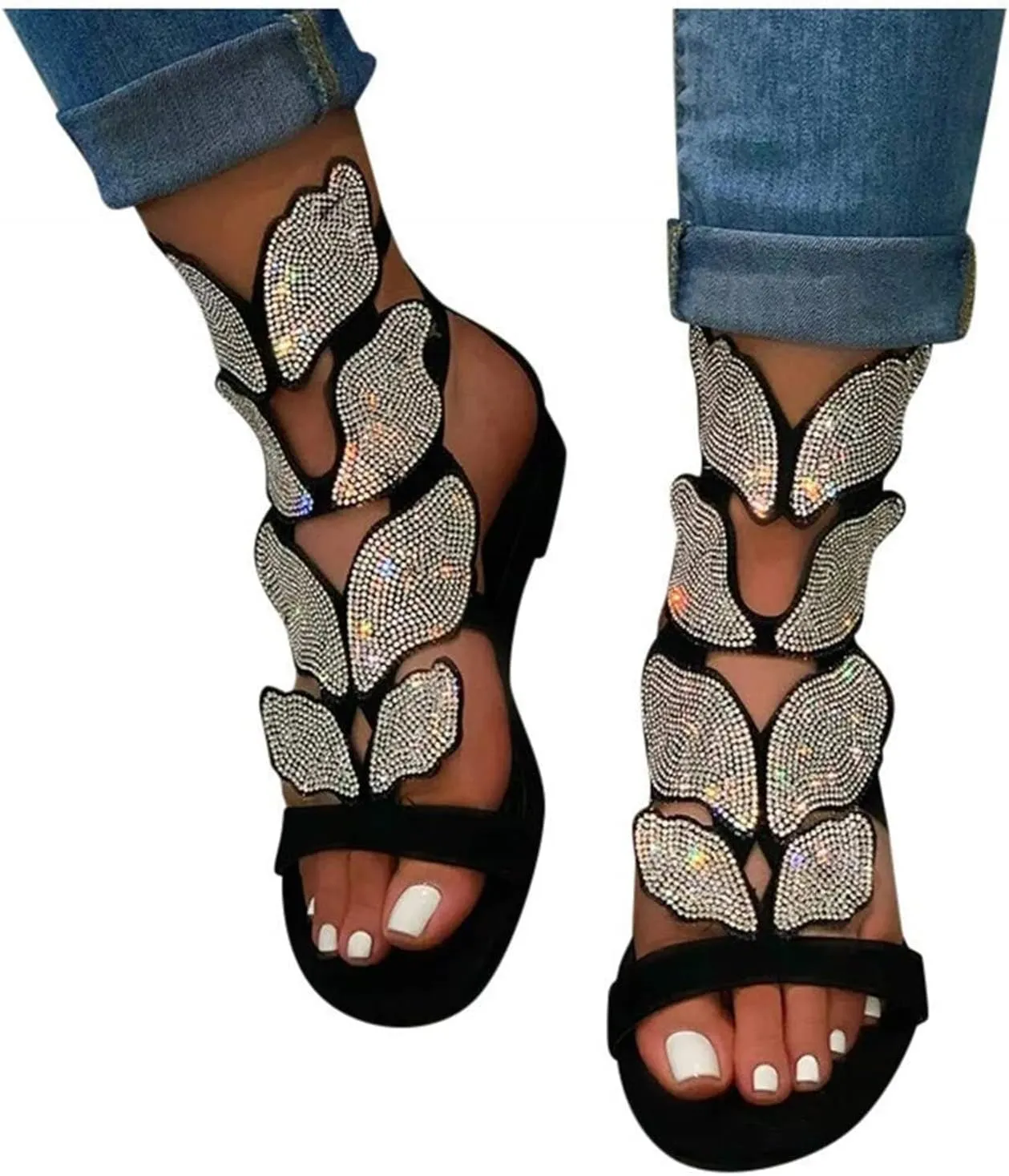 HINDOLA Women's Rhinestone Glitter Flat Sandals Summer Beach Sandal Casual Open Toe Flat Slippers Gladiator Roman Rhinestone Sandals for Women
