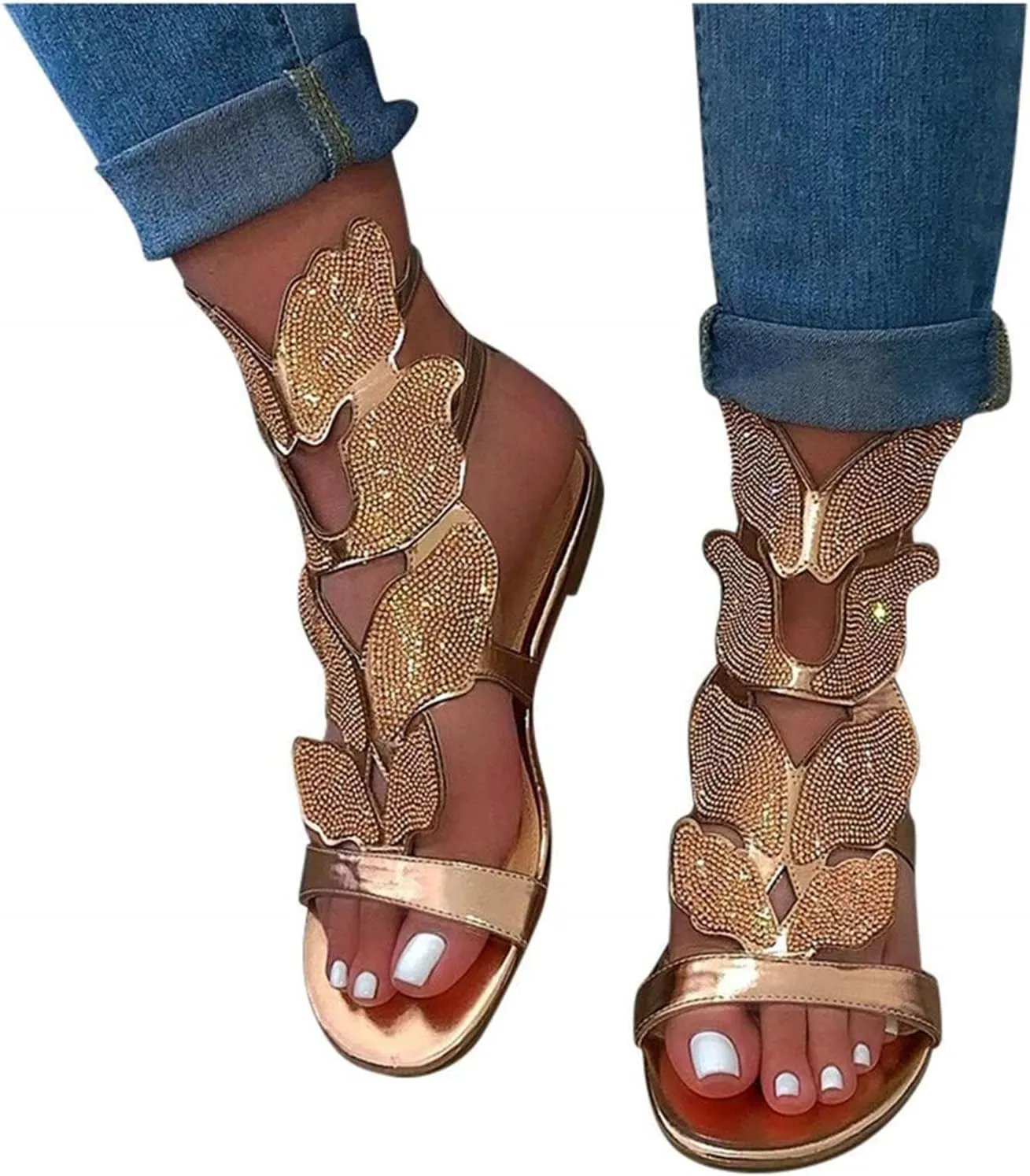 HINDOLA Women's Rhinestone Glitter Flat Sandals Summer Beach Sandal Casual Open Toe Flat Slippers Gladiator Roman Rhinestone Sandals for Women
