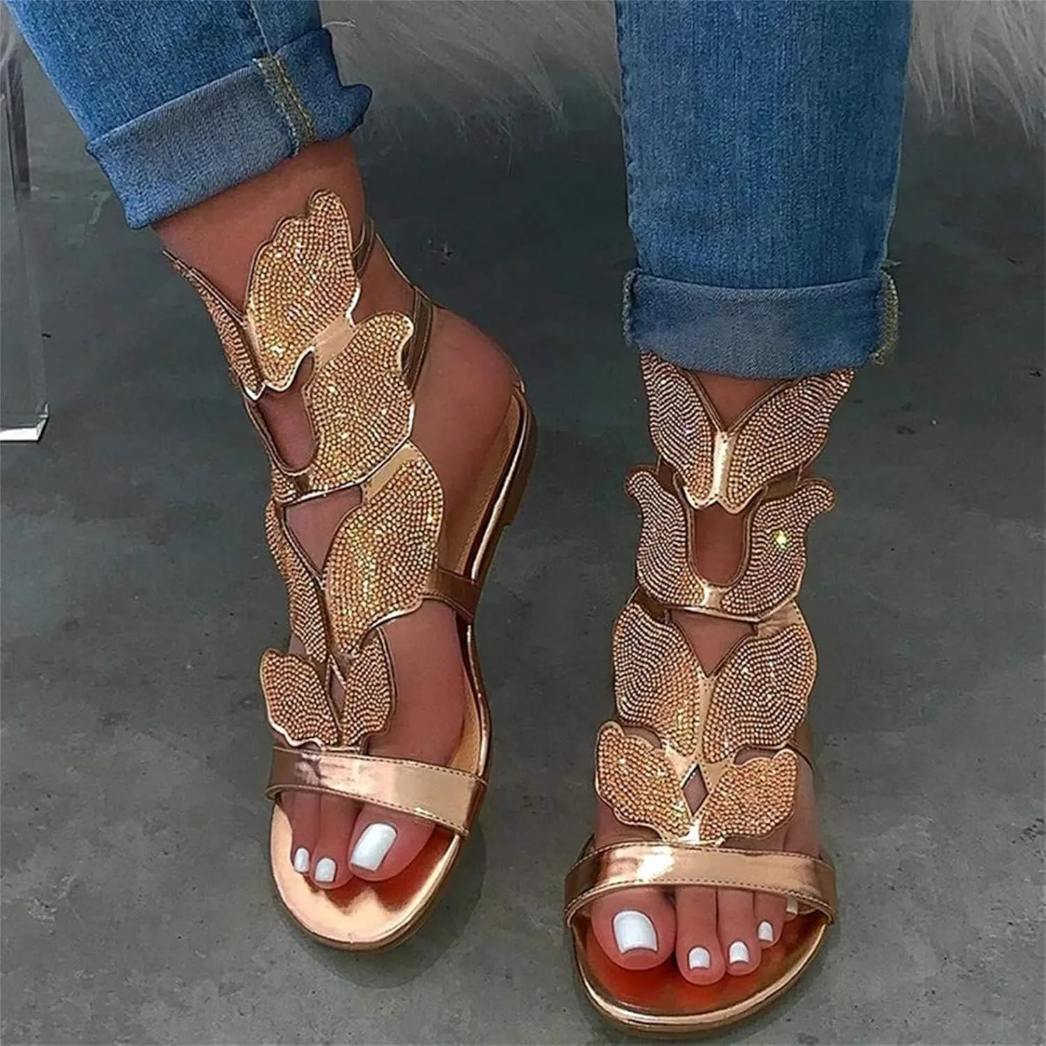HINDOLA Women's Rhinestone Glitter Flat Sandals Summer Beach Sandal Casual Open Toe Flat Slippers Gladiator Roman Rhinestone Sandals for Women