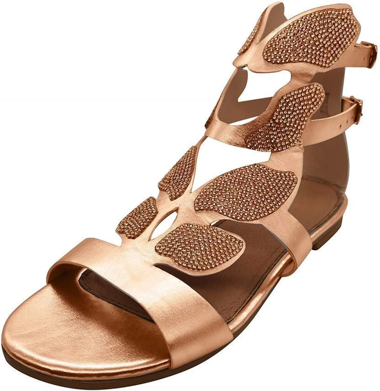 HINDOLA Women's Rhinestone Glitter Flat Sandals Summer Beach Sandal Casual Open Toe Flat Slippers Gladiator Roman Rhinestone Sandals for Women