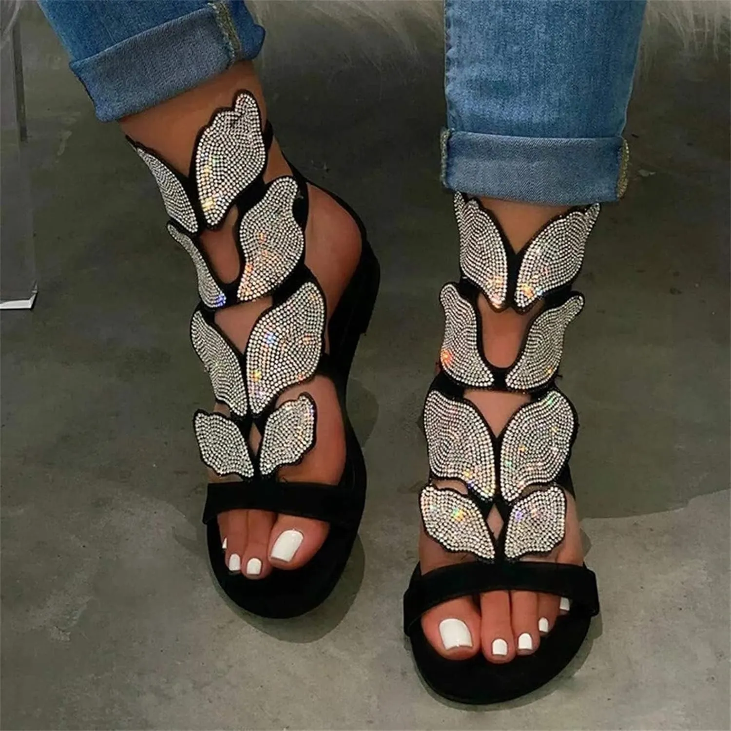 HINDOLA Women's Rhinestone Glitter Flat Sandals Summer Beach Sandal Casual Open Toe Flat Slippers Gladiator Roman Rhinestone Sandals for Women