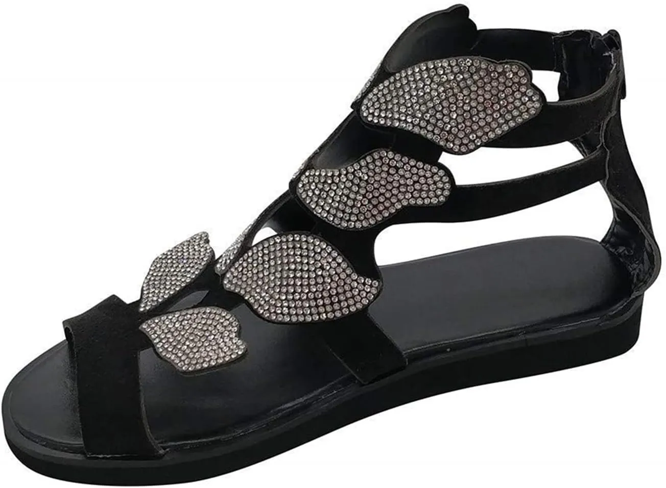 HINDOLA Women's Rhinestone Glitter Flat Sandals Summer Beach Sandal Casual Open Toe Flat Slippers Gladiator Roman Rhinestone Sandals for Women