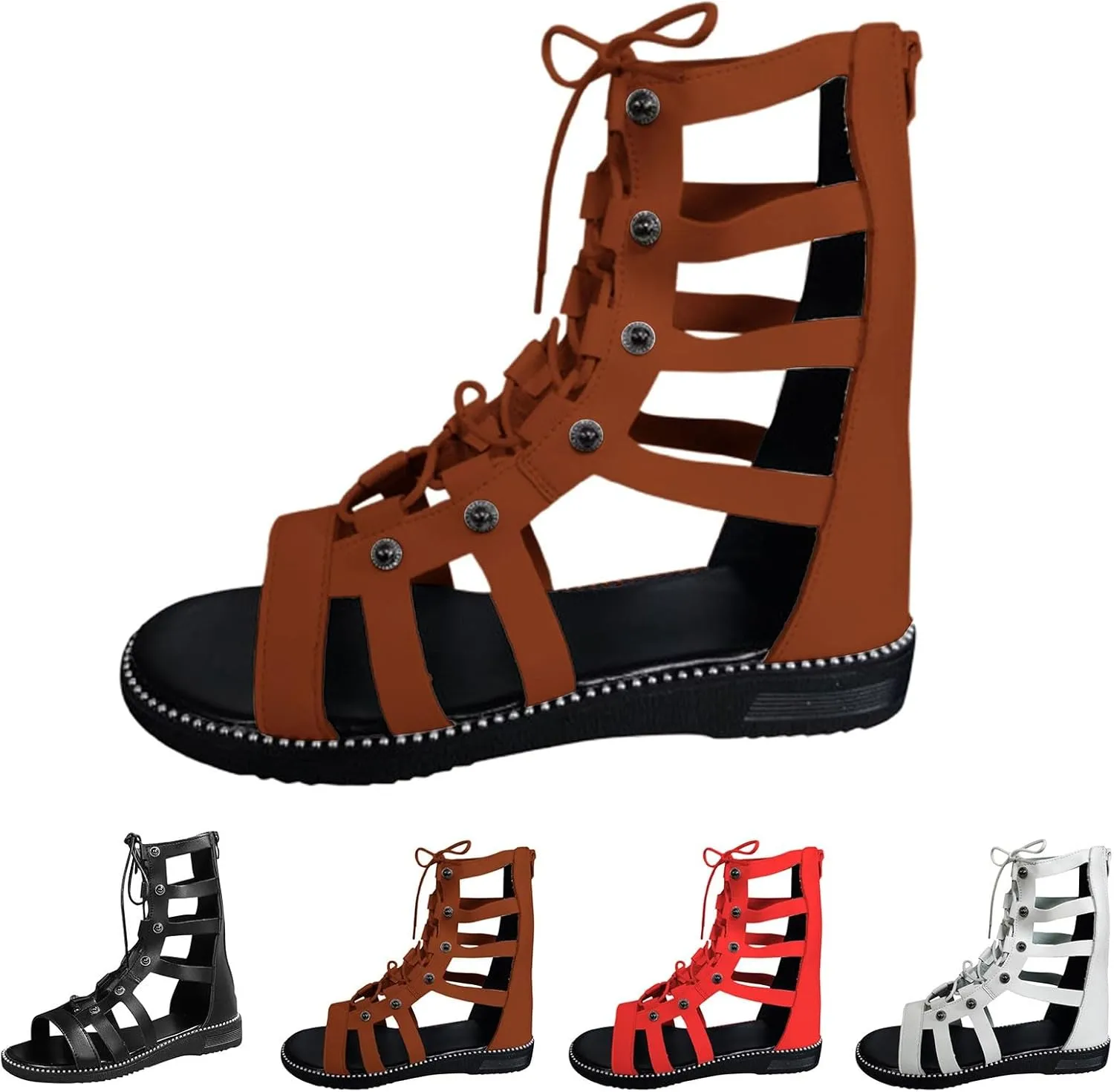 Knee High Gladiator Sandals for Women Lace Up Roman Sandals Summer Dressy Slip On Dress Shoes Comfortable Open Toe Beach Shoes