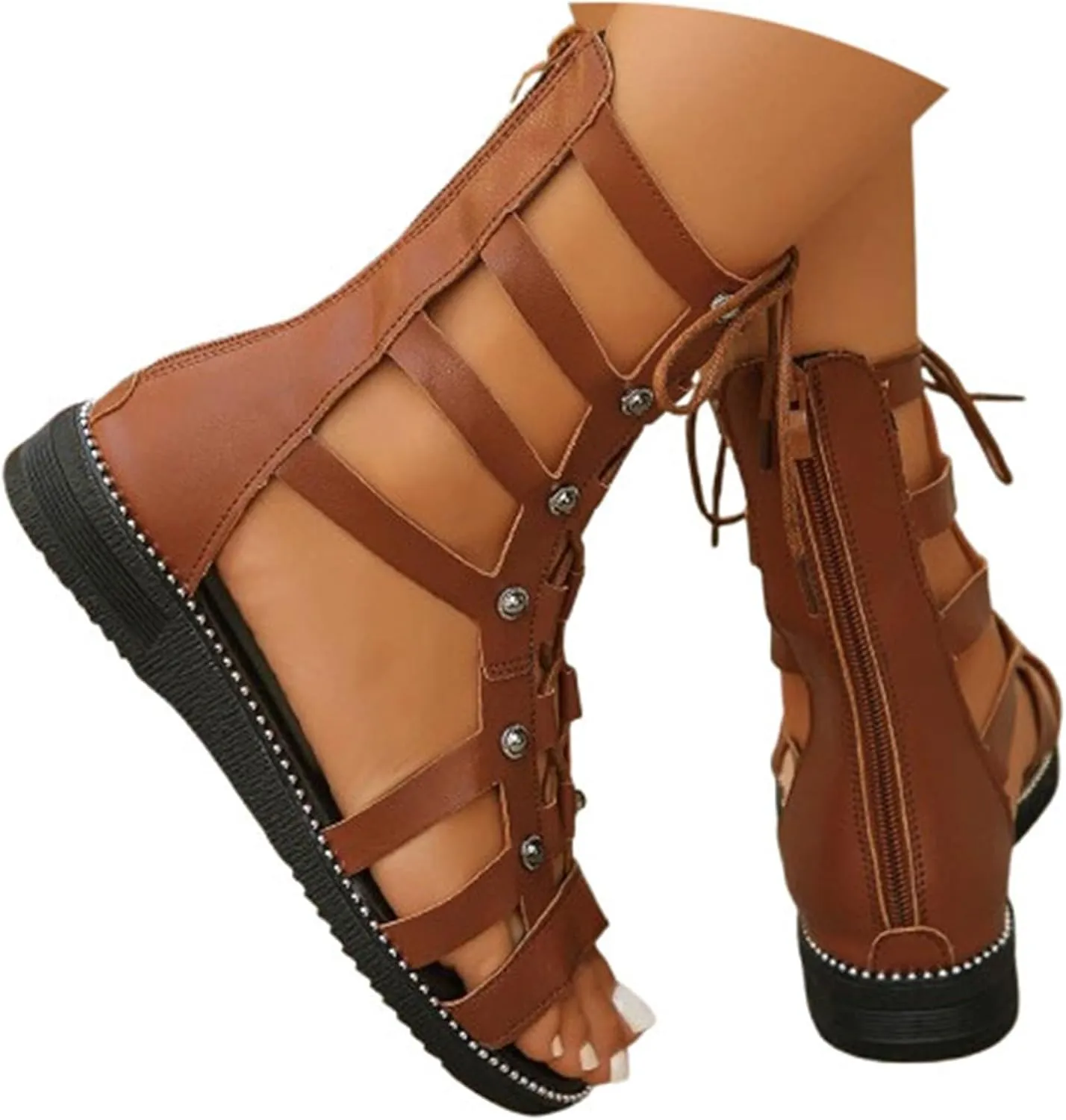 Knee High Gladiator Sandals for Women Lace Up Roman Sandals Summer Dressy Slip On Dress Shoes Comfortable Open Toe Beach Shoes