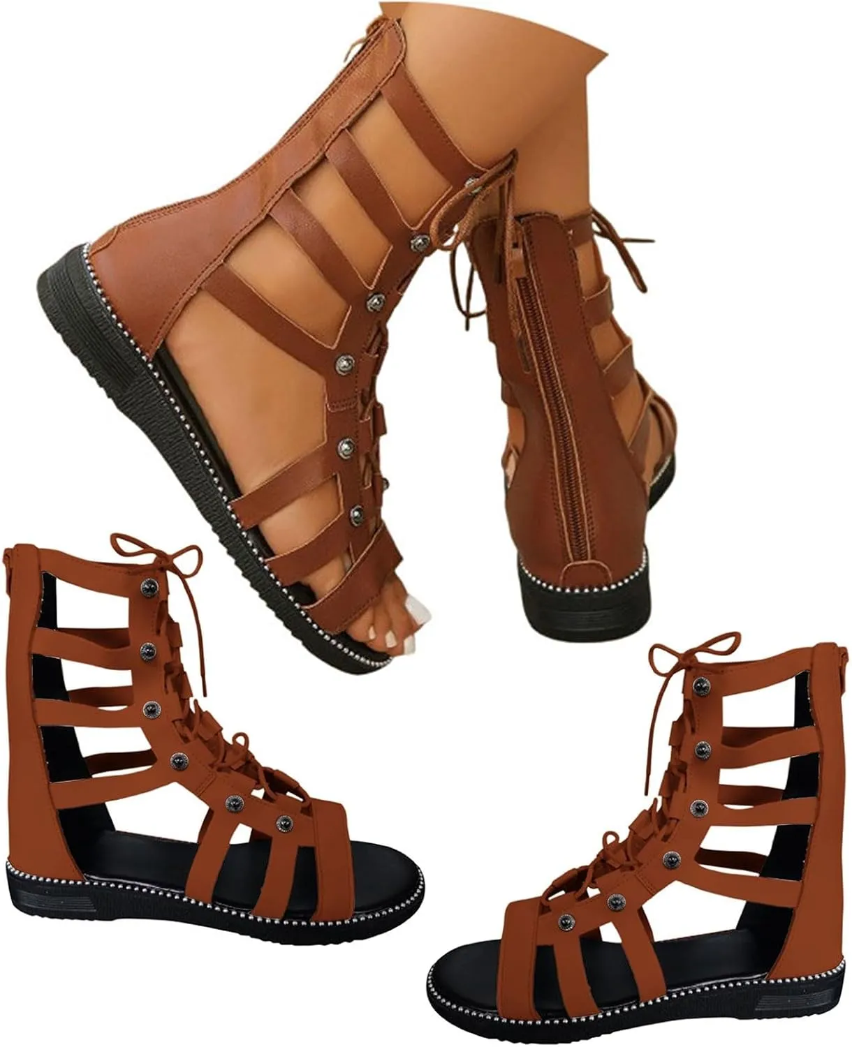 Knee High Gladiator Sandals for Women Lace Up Roman Sandals Summer Dressy Slip On Dress Shoes Comfortable Open Toe Beach Shoes