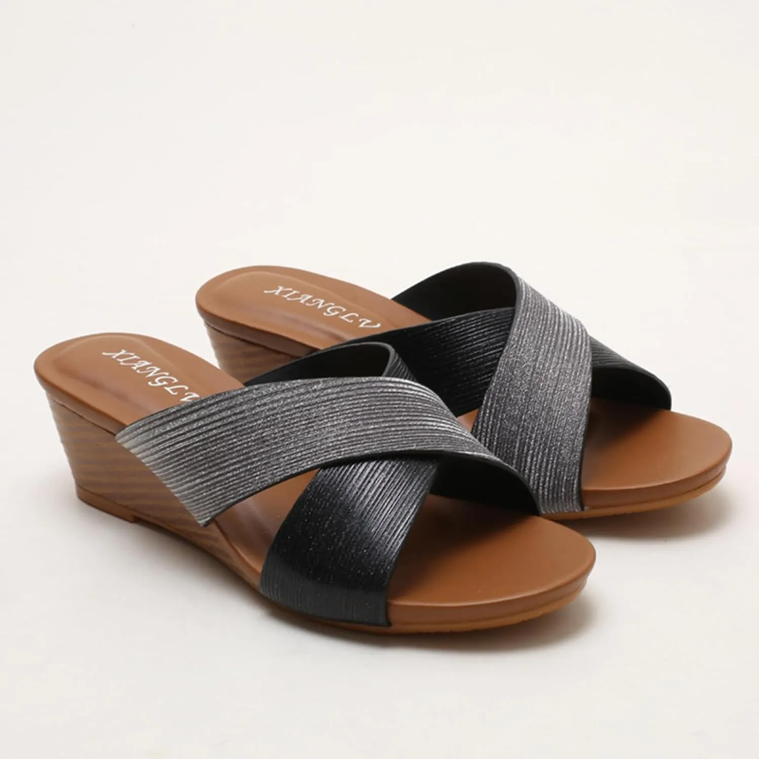 Leather Platform Wedge Sandals Shiny Fashion Roman Bohemian Open Toe Slip-On Beach Casual High Heels Dressy Slippers Summer Low Wedges Comfortable Sandal Crisscross Straps Slip on