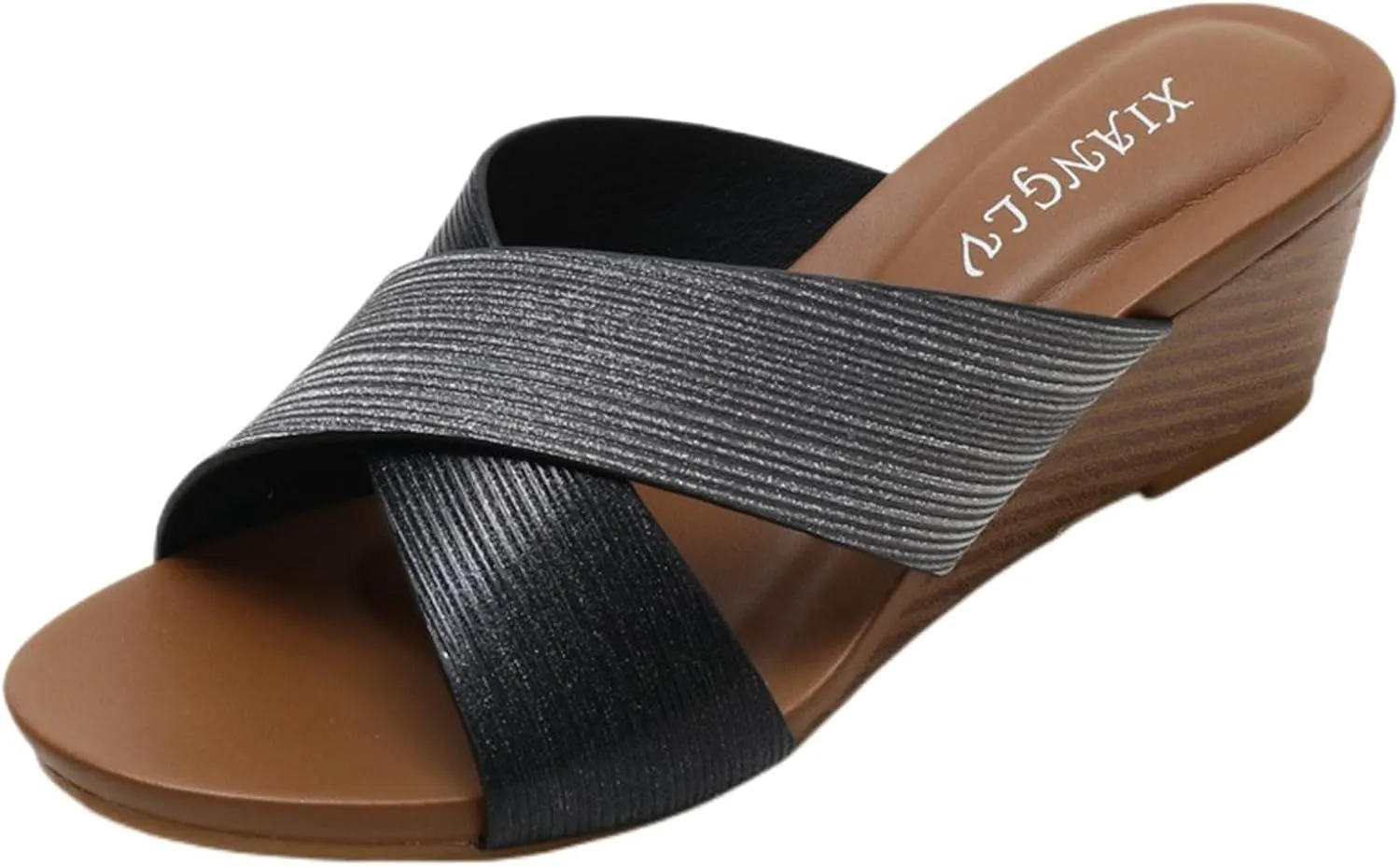 Leather Platform Wedge Sandals Shiny Fashion Roman Bohemian Open Toe Slip-On Beach Casual High Heels Dressy Slippers Summer Low Wedges Comfortable Sandal Crisscross Straps Slip on