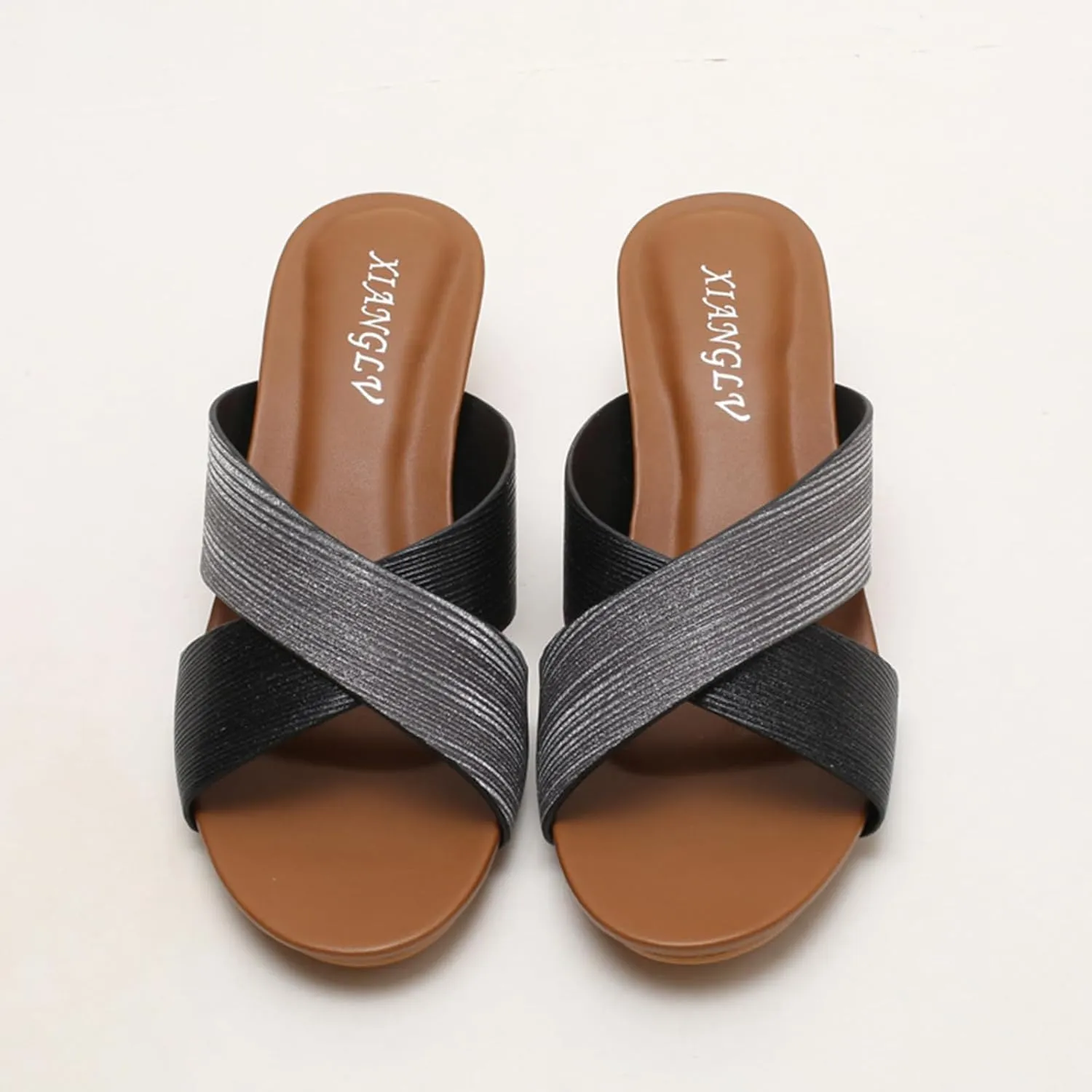 Leather Platform Wedge Sandals Shiny Fashion Roman Bohemian Open Toe Slip-On Beach Casual High Heels Dressy Slippers Summer Low Wedges Comfortable Sandal Crisscross Straps Slip on