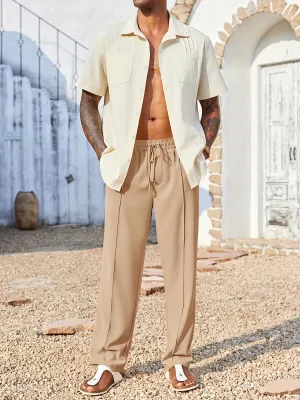 Mens Casual Loose Fit Drawstring Elastic Cotton Linen Pants
