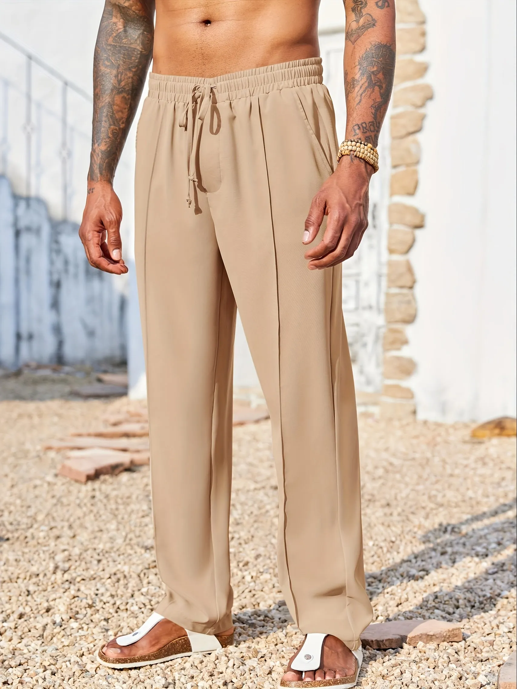 Mens Casual Loose Fit Drawstring Elastic Cotton Linen Pants