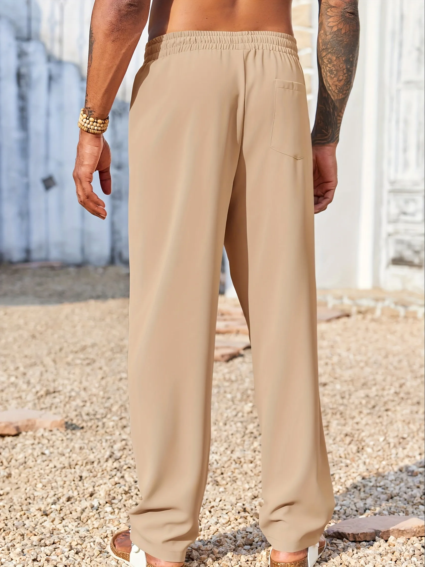 Mens Casual Loose Fit Drawstring Elastic Cotton Linen Pants
