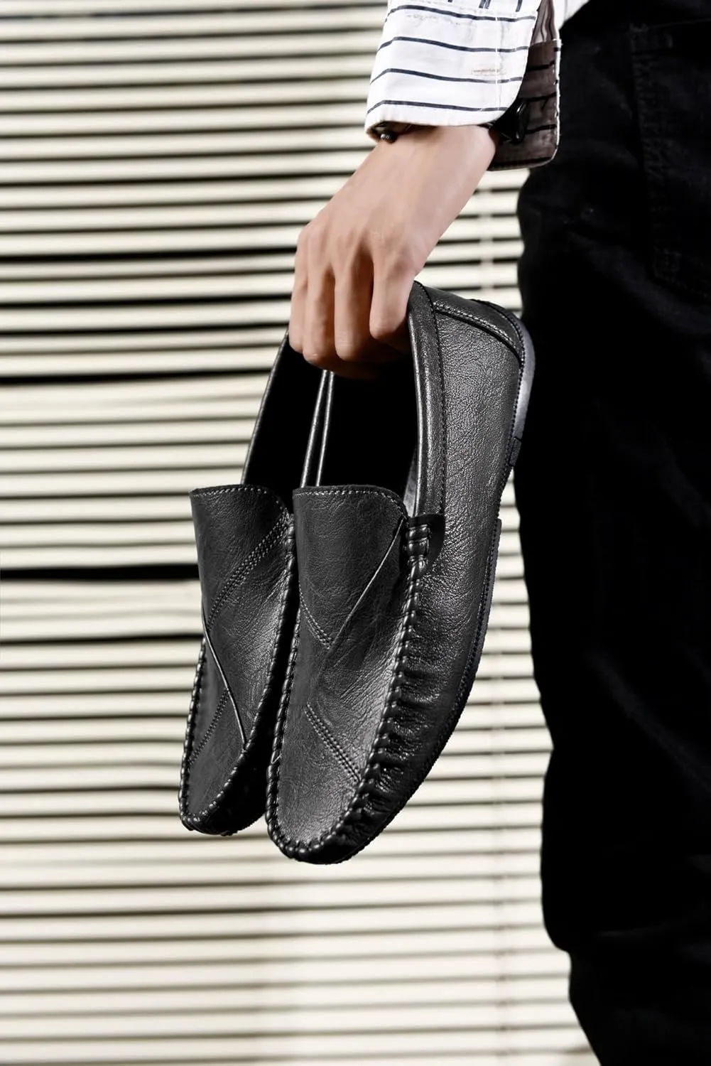 Men's Loafers Shoes Round Toe Vegan Leather Driving Style Loafer Slip Resistant Lightweight Flat Heel Classic Slip-ons(Gray,9)