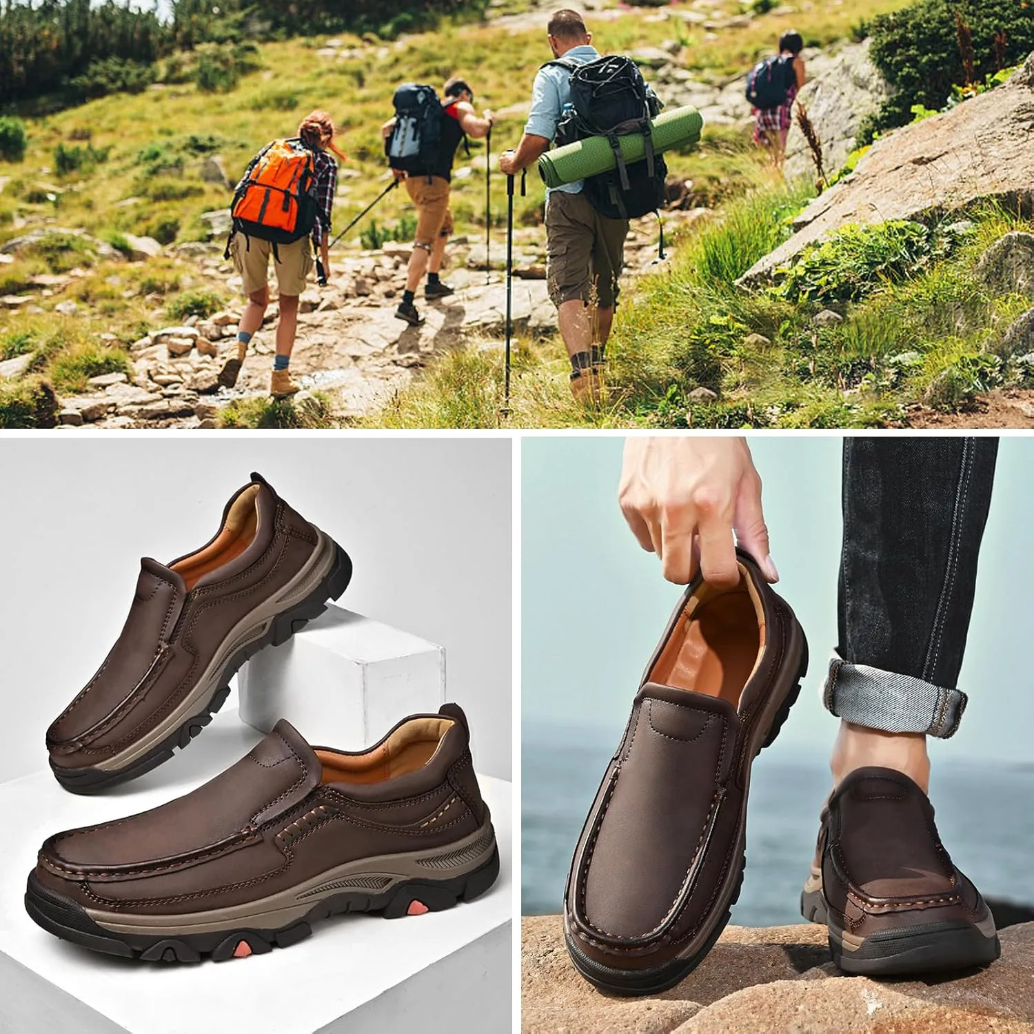 Men's Slip On Leather Shoes, Walking Loafers Lightweight Casual Sneakers, Outdoor Comfortable Hiking Shoes, for Travel, Camping, Running