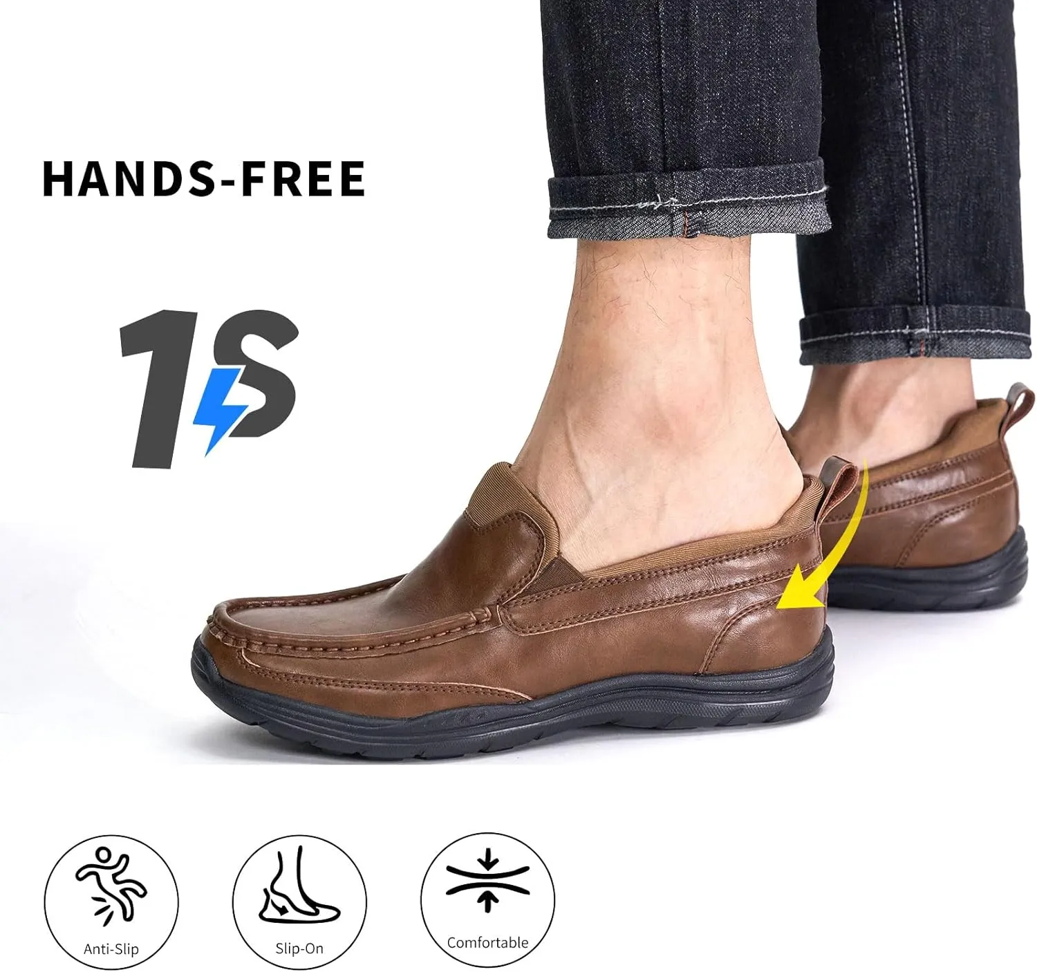 Mens Slip On Loafers Casual Hands Free Slip in Shoes Step in Walking Leather Shoes for Men with Breathable Comfort