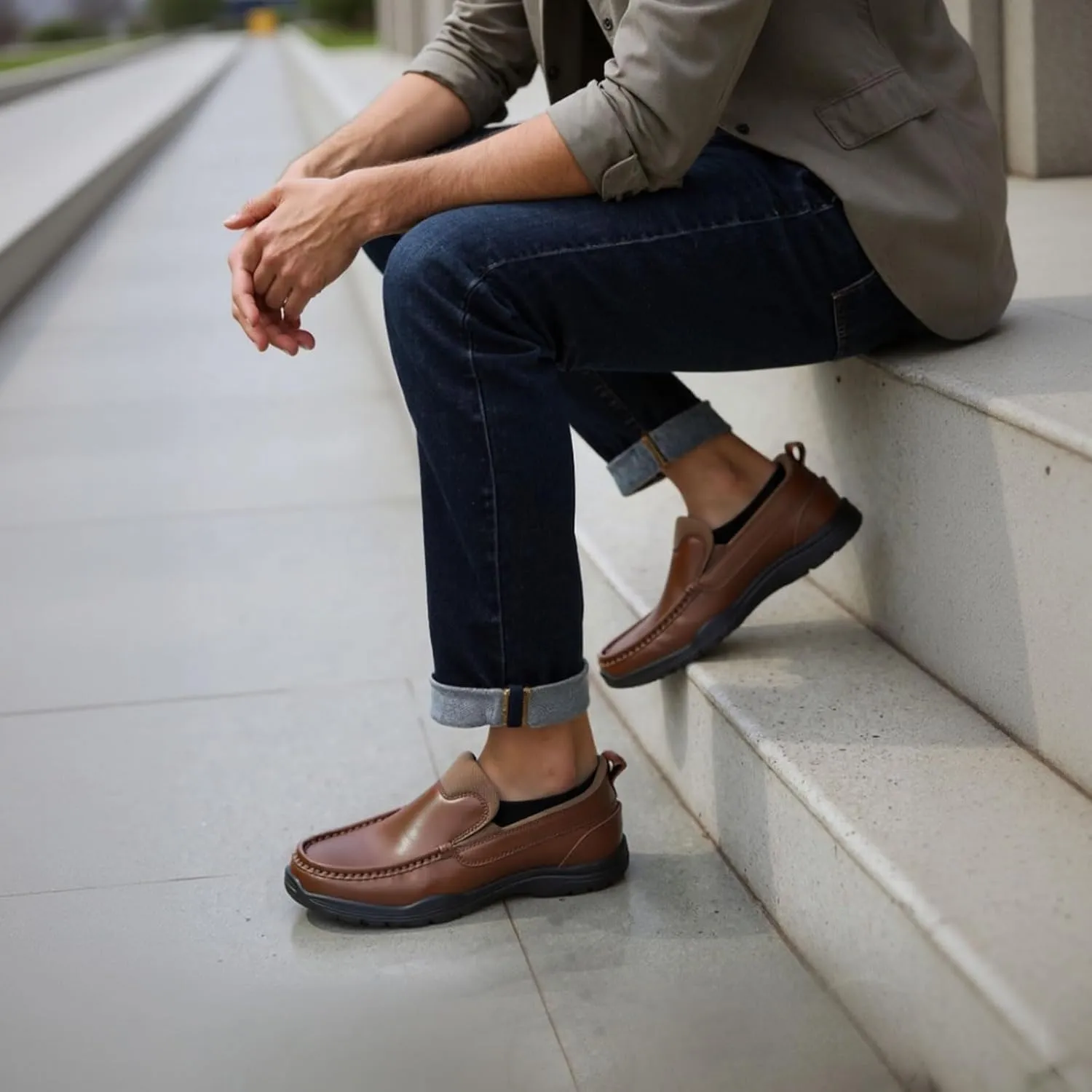 Mens Slip On Loafers Casual Hands Free Slip in Shoes Step in Walking Leather Shoes for Men with Breathable Comfort