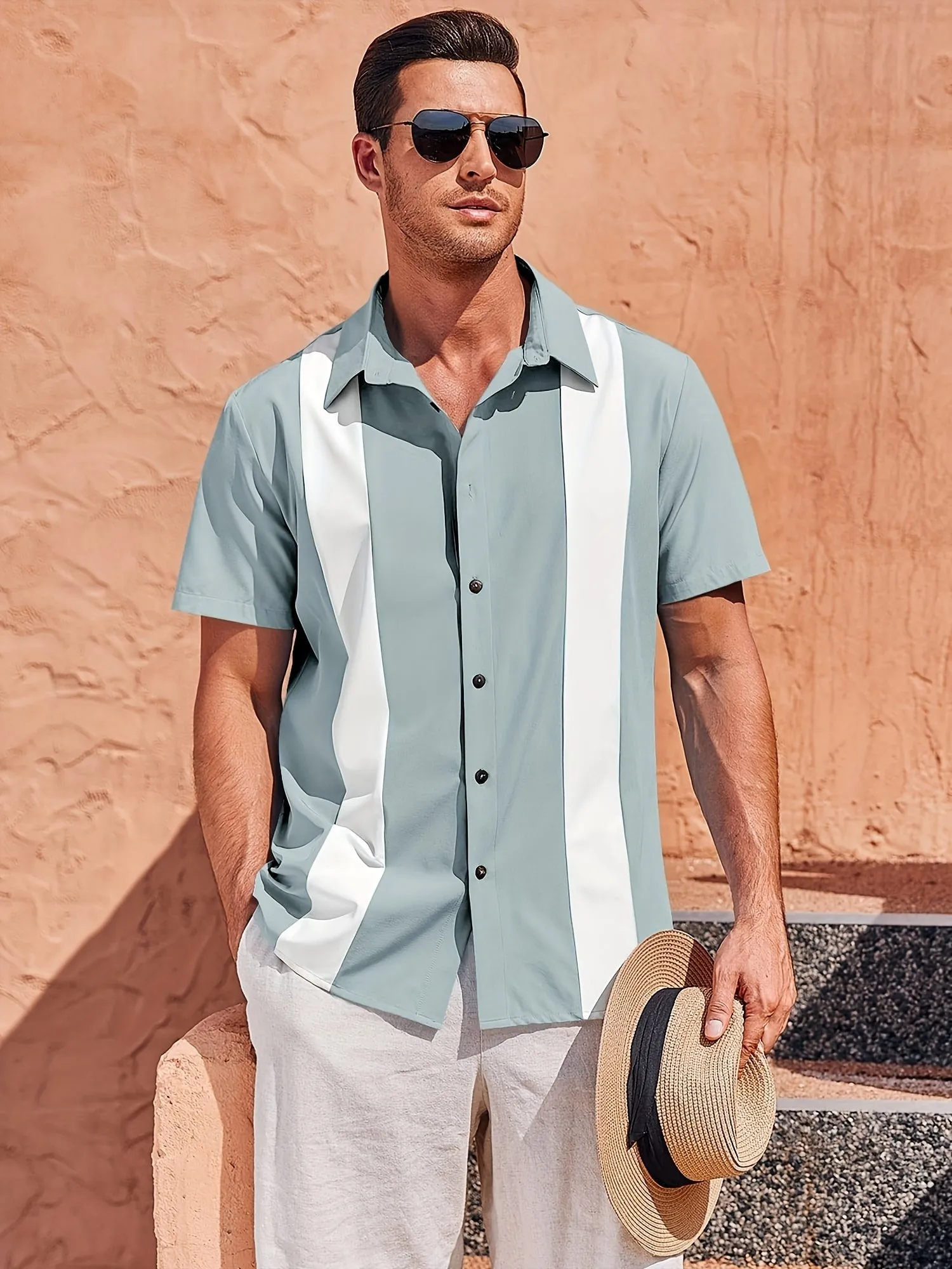 Men's Vintage Bowling Short Sleeve Button -Up Shirt - Guayabera Beach Shirts