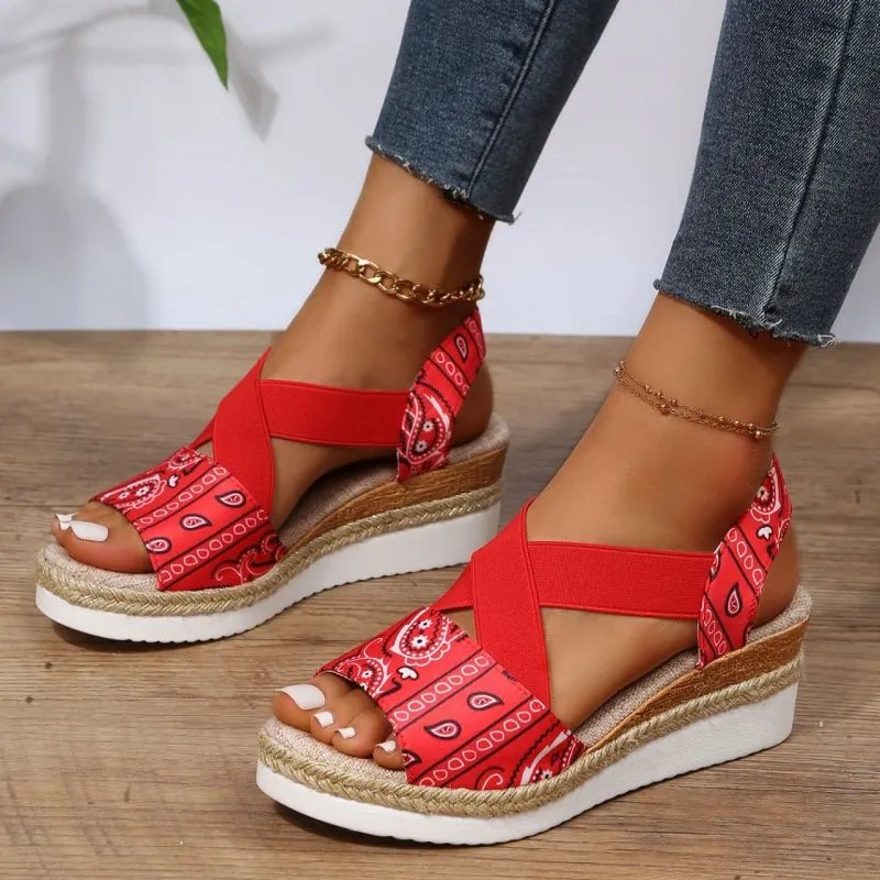 Purpdrank - Black Casual Patchwork Printing Round Comfortable Out Door Wedges Shoes (Heel Height 1.97in)