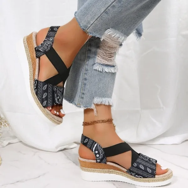 Purpdrank - Black Casual Patchwork Printing Round Comfortable Out Door Wedges Shoes (Heel Height 1.97in)