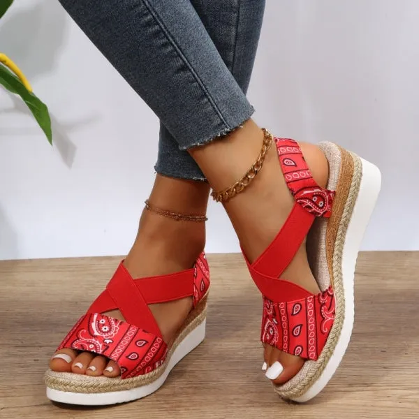 Purpdrank - Black Casual Patchwork Printing Round Comfortable Out Door Wedges Shoes (Heel Height 1.97in)