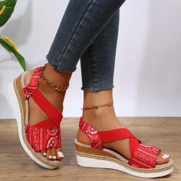 Purpdrank - Black Casual Patchwork Printing Round Comfortable Out Door Wedges Shoes (Heel Height 1.97in)