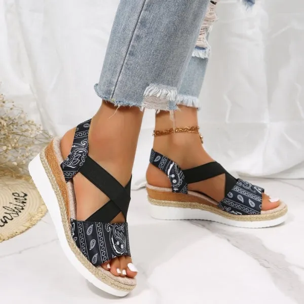 Purpdrank - Black Casual Patchwork Printing Round Comfortable Out Door Wedges Shoes (Heel Height 1.97in)