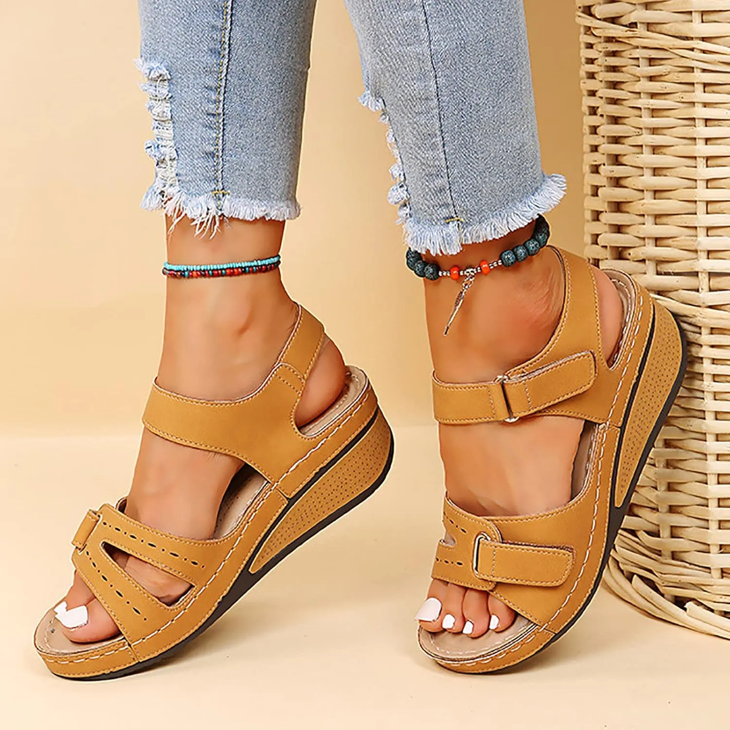Soft & Stylish Wedge Sandals for Effortless Comfort 2025 Leather Orthopedic Walking Platform Sandals Women Casual Dressy Wide Wedge Dress Sport Ankle Back Strap Summer Sandals with Arch Support