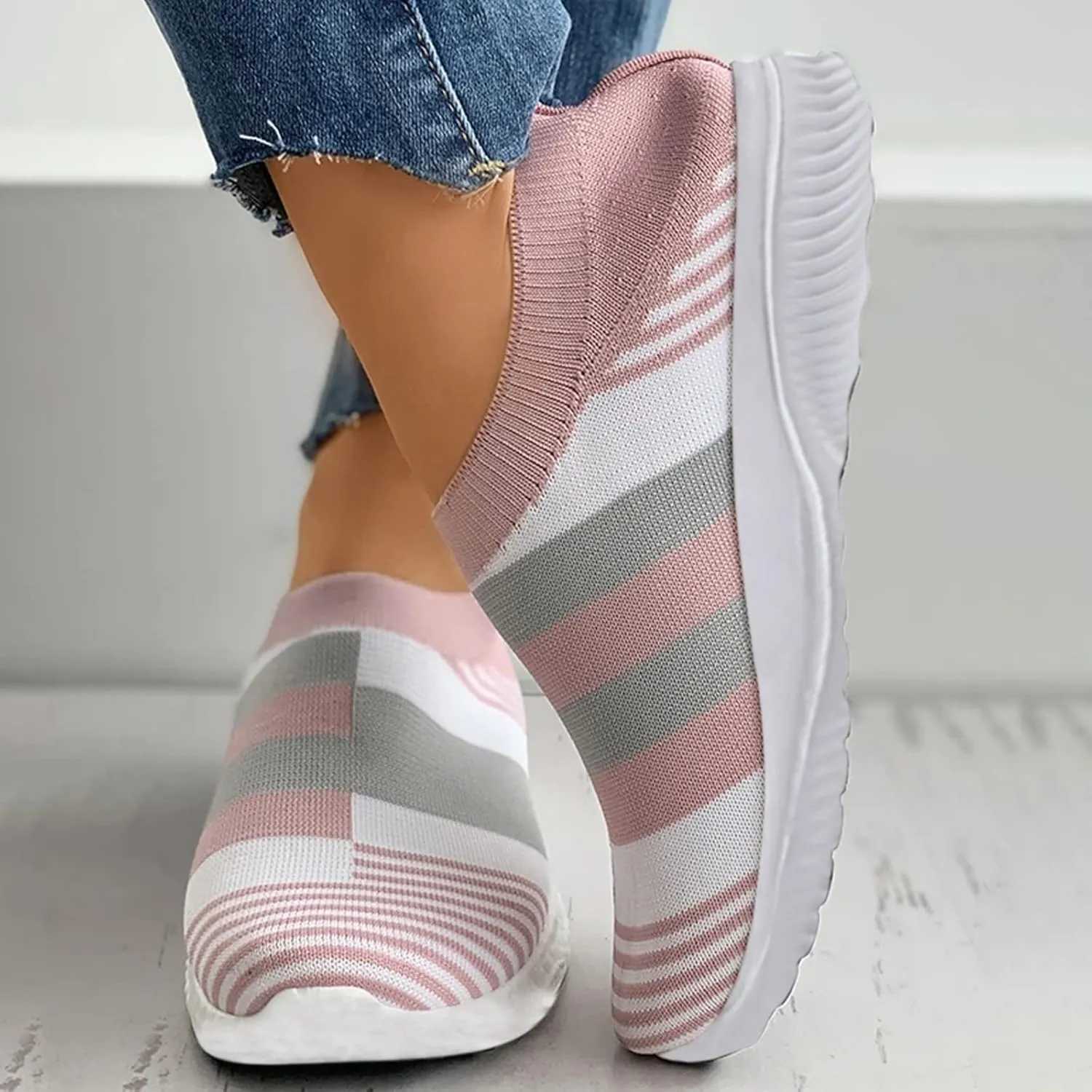 SuanlaTDS Shoes Shoes Casual Mesh Sock Breathable Sneakers Running Slip On Walking Women Women's Sneakers Women's Walking Sneakers Wide Width (Pink, 7)
