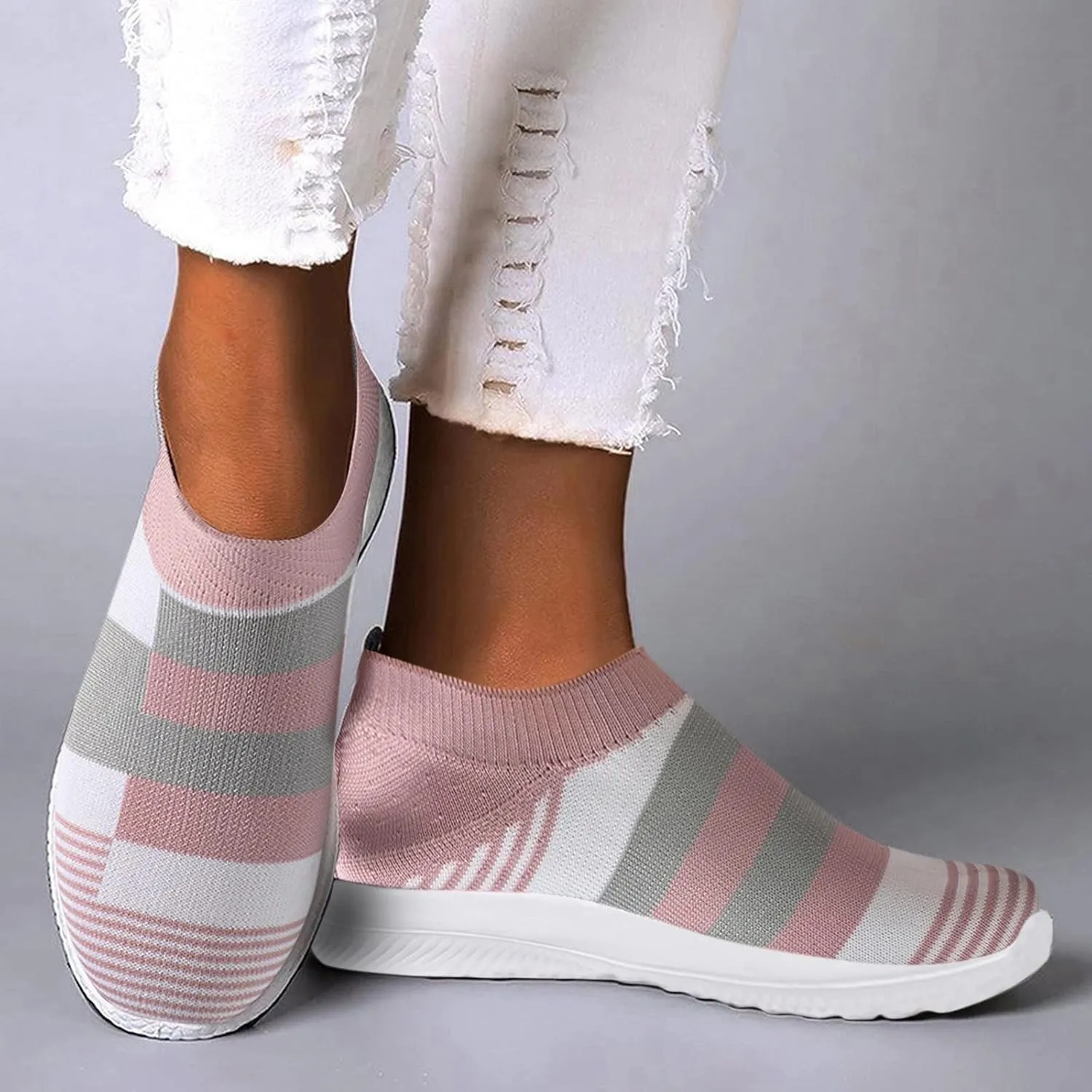 SuanlaTDS Shoes Shoes Casual Mesh Sock Breathable Sneakers Running Slip On Walking Women Women's Sneakers Women's Walking Sneakers Wide Width (Pink, 7)