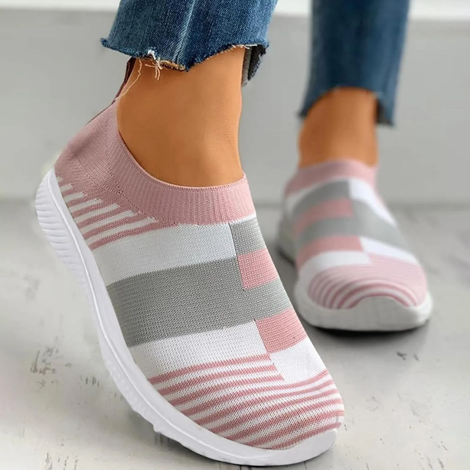 SuanlaTDS Shoes Shoes Casual Mesh Sock Breathable Sneakers Running Slip On Walking Women Women's Sneakers Women's Walking Sneakers Wide Width (Pink, 7)