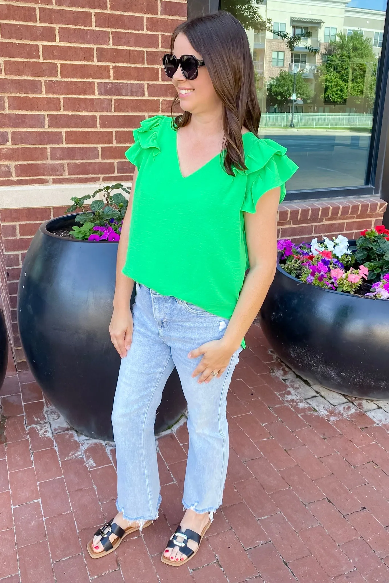 Time To Go Ruffle Sleeve Apple Green Top
