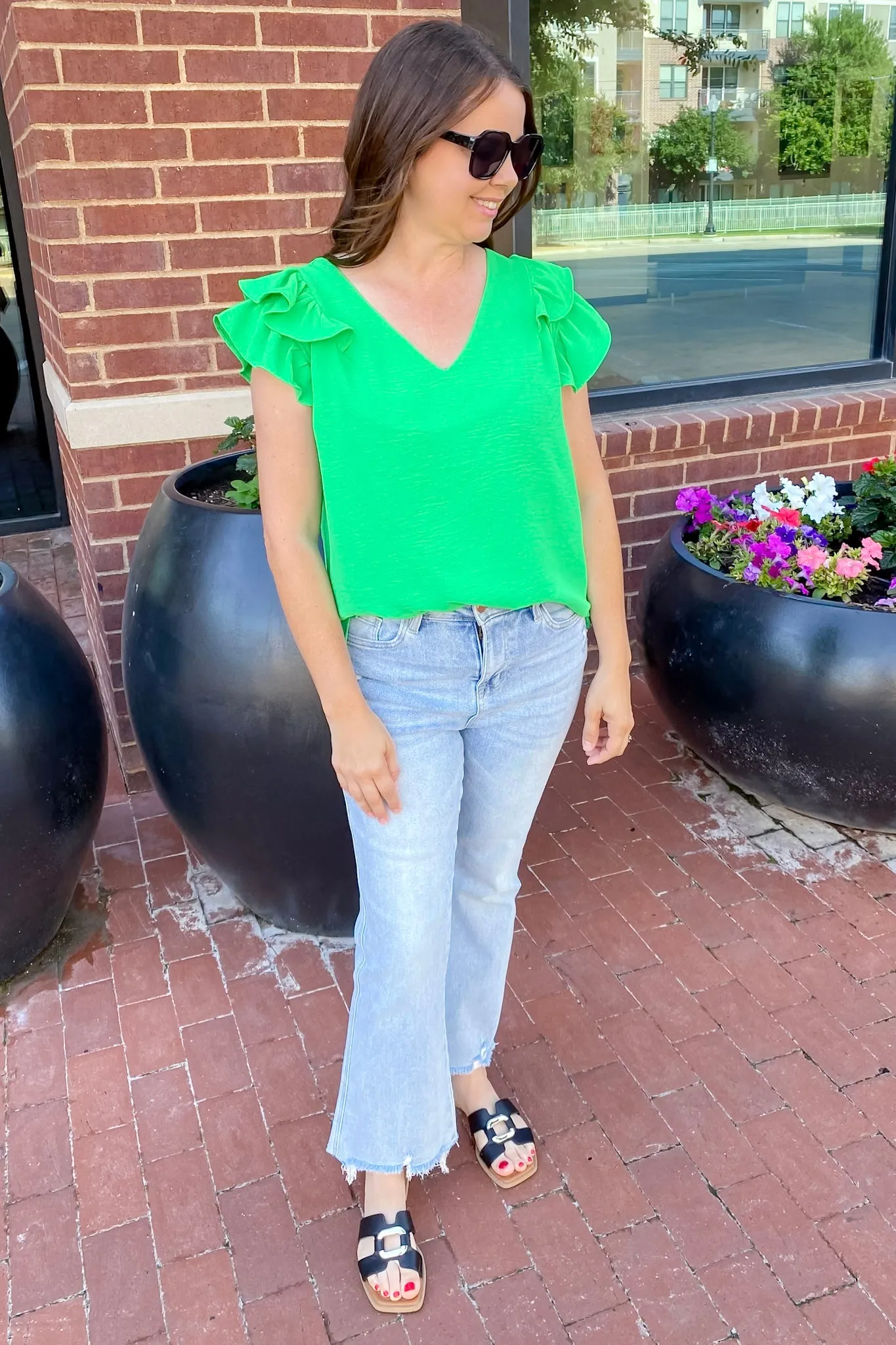 Time To Go Ruffle Sleeve Apple Green Top