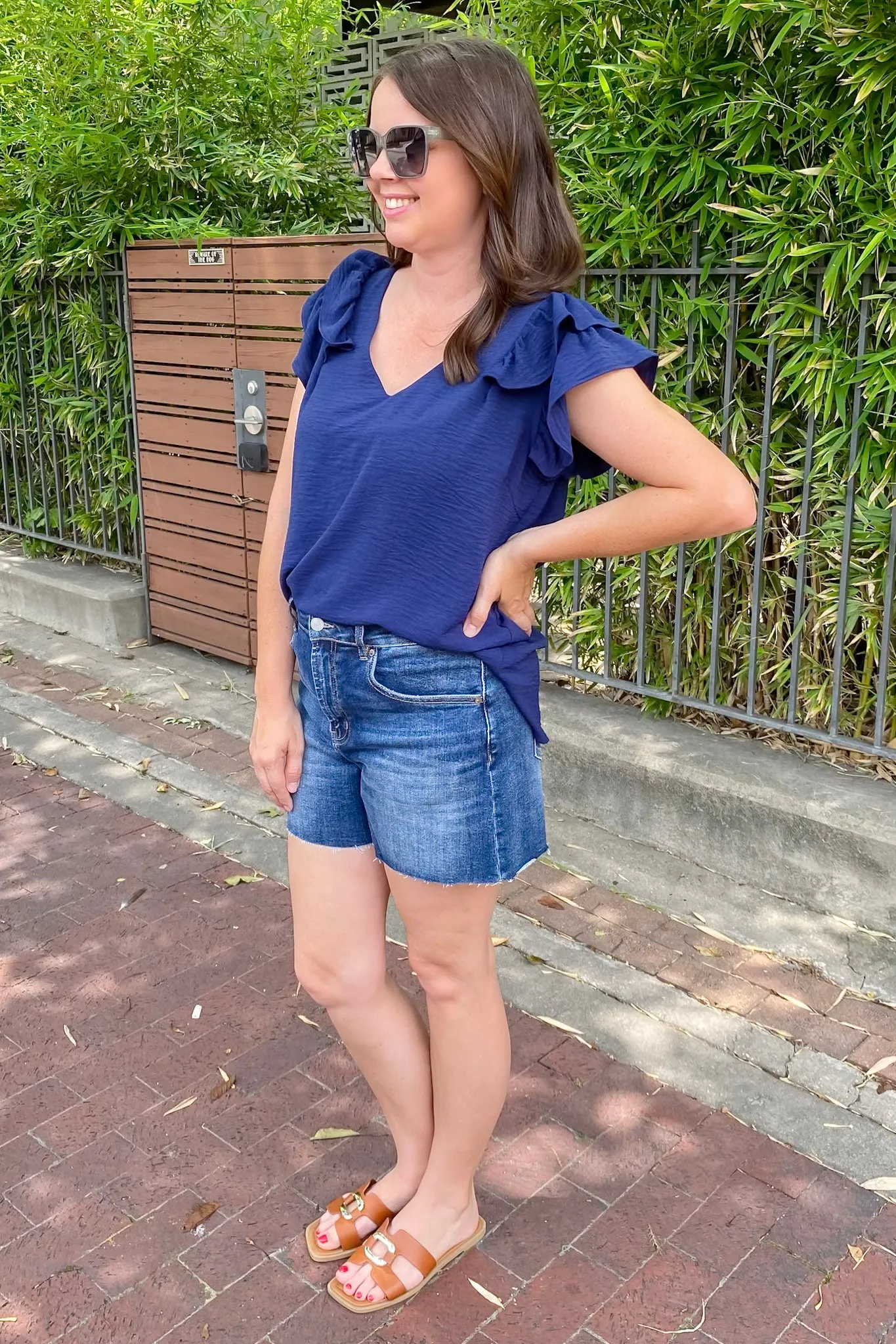 Time To Go Ruffle Sleeve Navy Top