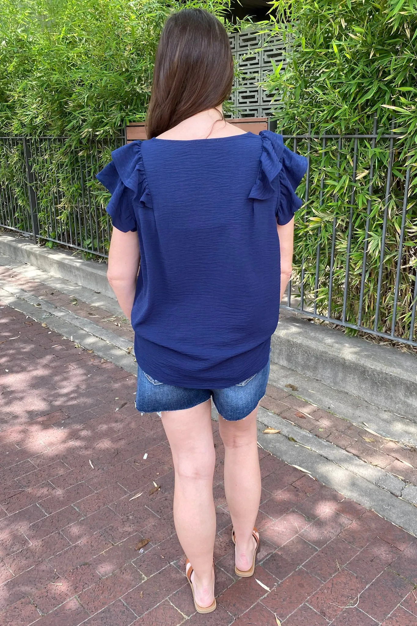 Time To Go Ruffle Sleeve Navy Top
