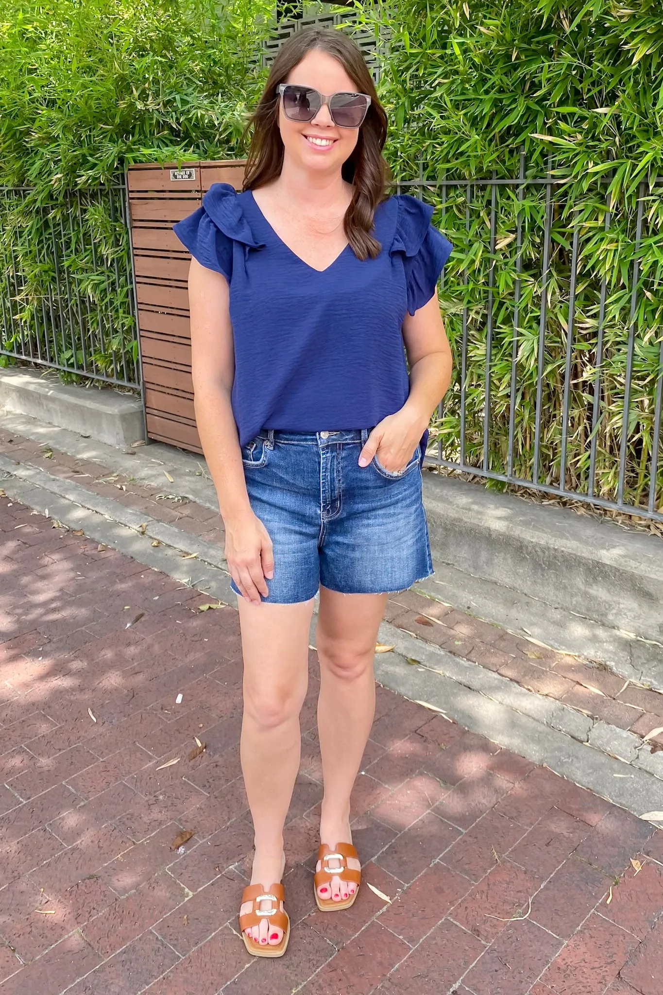Time To Go Ruffle Sleeve Navy Top