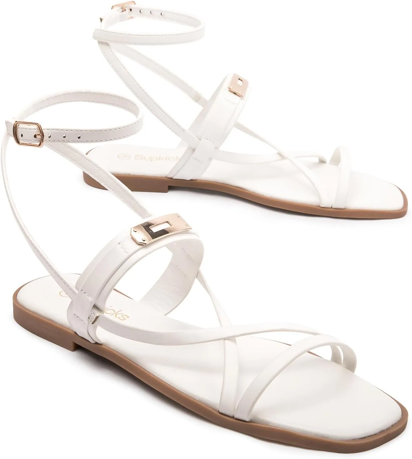 Women's Ankle Strappy Flat Sandals Comfort Gladiator Sandals Summer Casual Dressy Slides Open Toe Adjustable Buckle Slippers