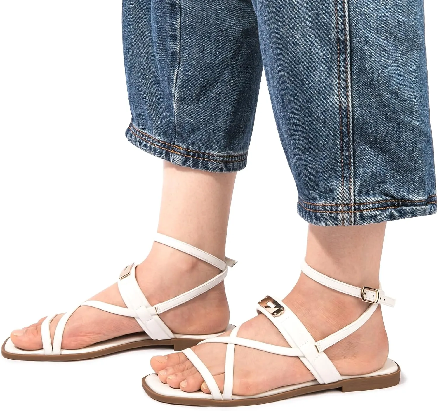 Women's Ankle Strappy Flat Sandals Comfort Gladiator Sandals Summer Casual Dressy Slides Open Toe Adjustable Buckle Slippers