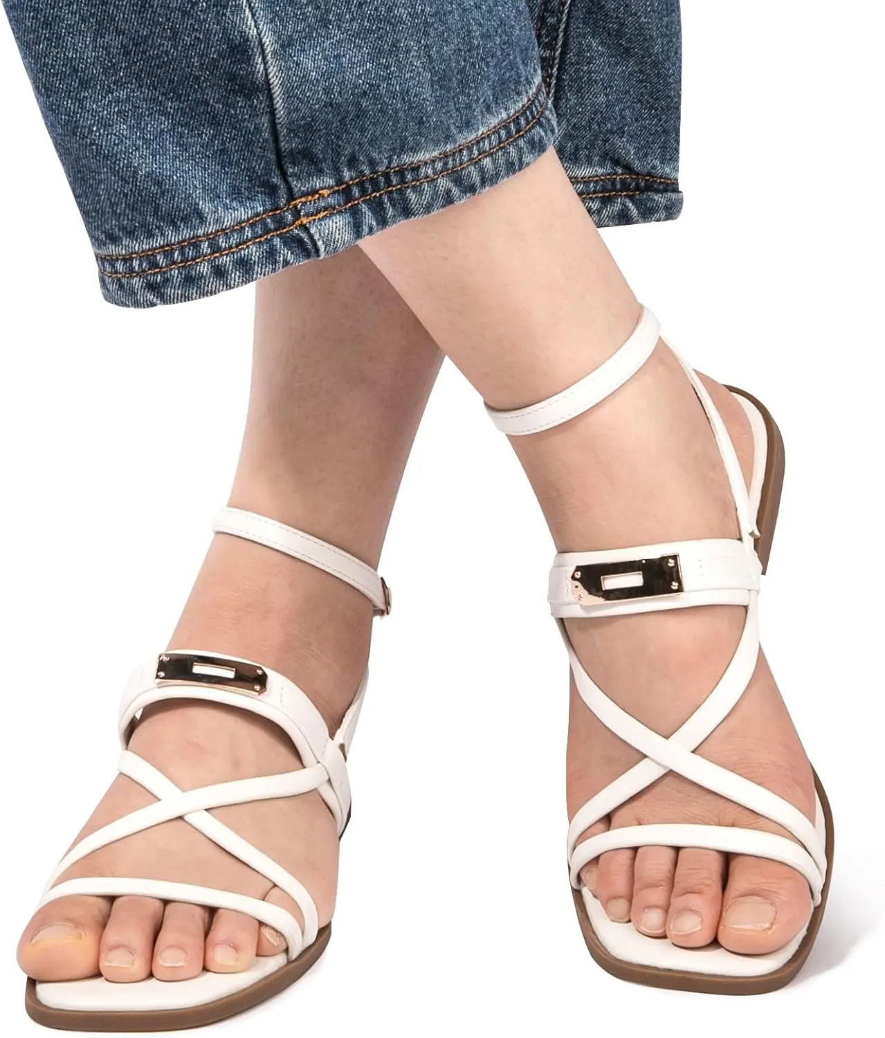 Women's Ankle Strappy Flat Sandals Comfort Gladiator Sandals Summer Casual Dressy Slides Open Toe Adjustable Buckle Slippers