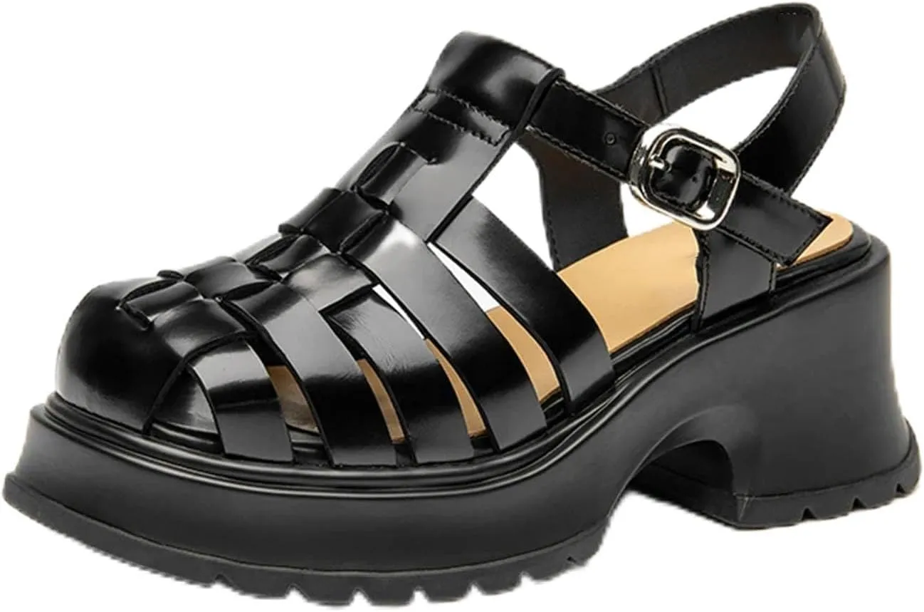 Women's Cow Leather Gladiator Sandals - Thick Sole Buckle Strap Summer Flats