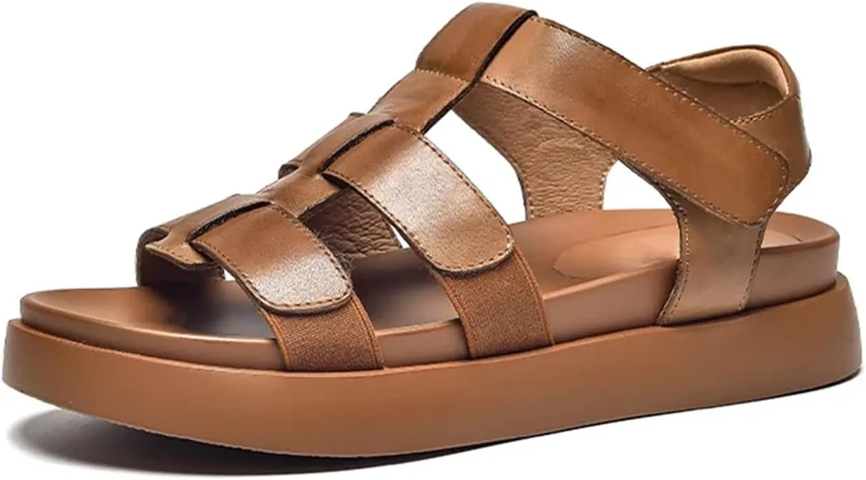 Women's Genuine Cow Leather Gladiator Sandals - Open Toe Ankle Strap Summer Casual Platform