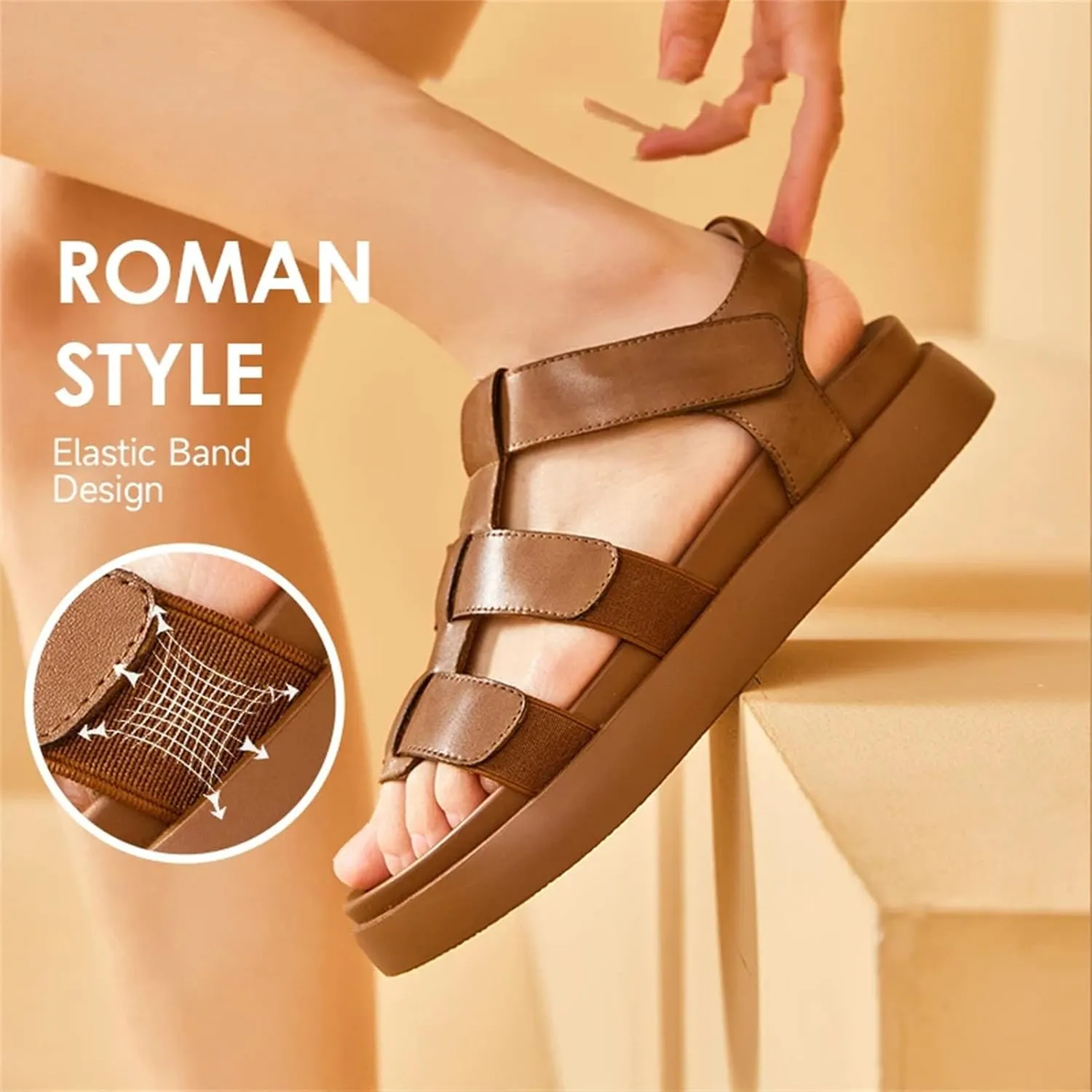 Women's Genuine Cow Leather Gladiator Sandals - Open Toe Ankle Strap Summer Casual Platform