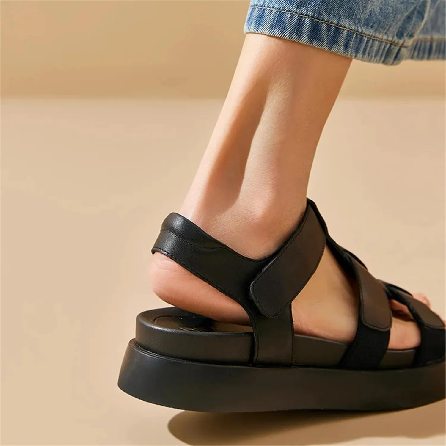 Women's Genuine Cow Leather Gladiator Sandals - Open Toe Ankle Strap Summer Casual Platform
