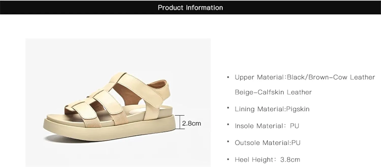 Women's Genuine Cow Leather Gladiator Sandals - Open Toe Ankle Strap Summer Casual Platform
